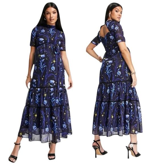 ASOS Hope & Ivy Maternity open back star print midi dress in cobalt  Size 8 - Picture 1 of 15